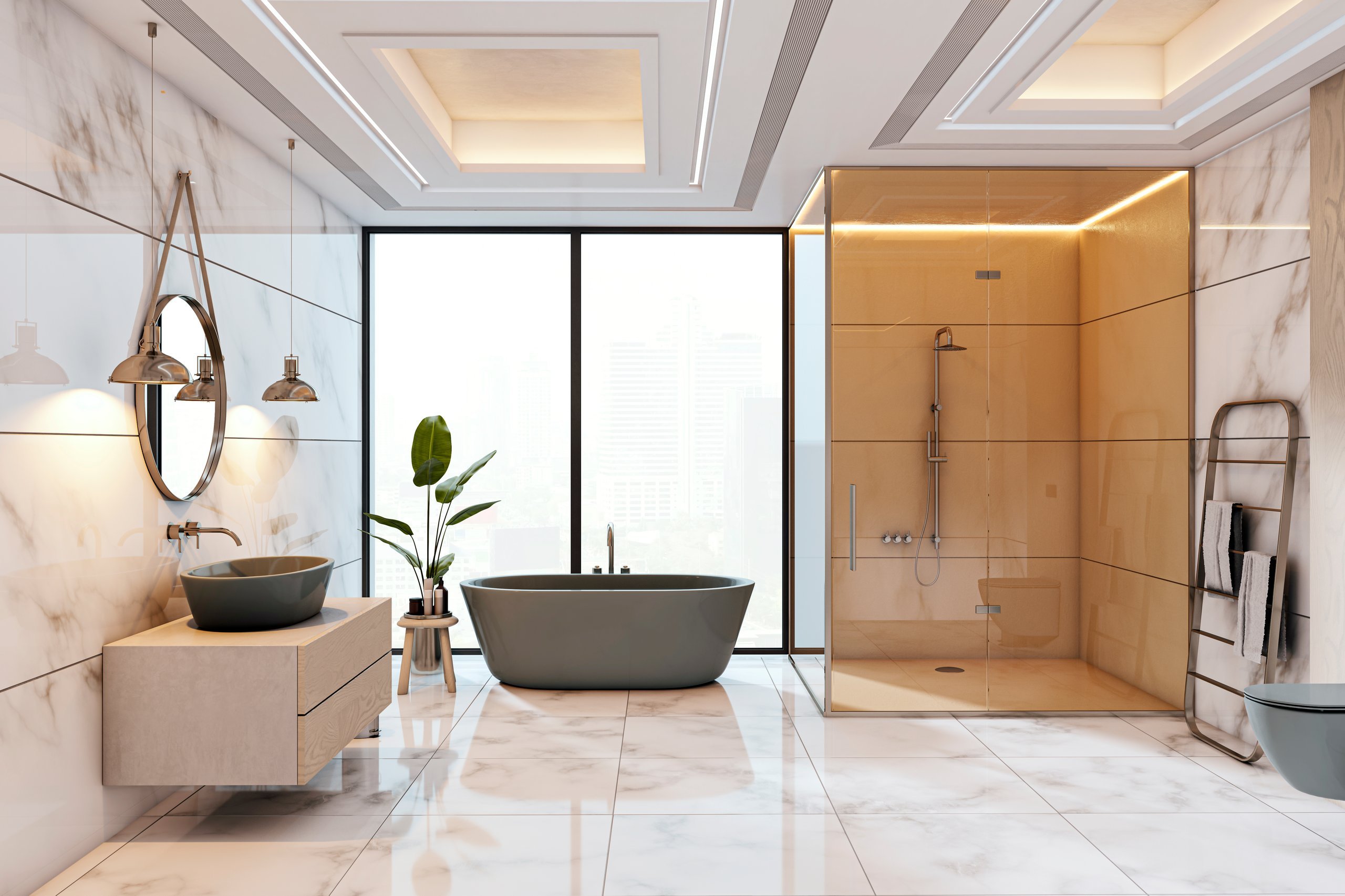 Luxurious modern bathroom with marble walls and floor, freestanding tub, glass partition shower, and city view