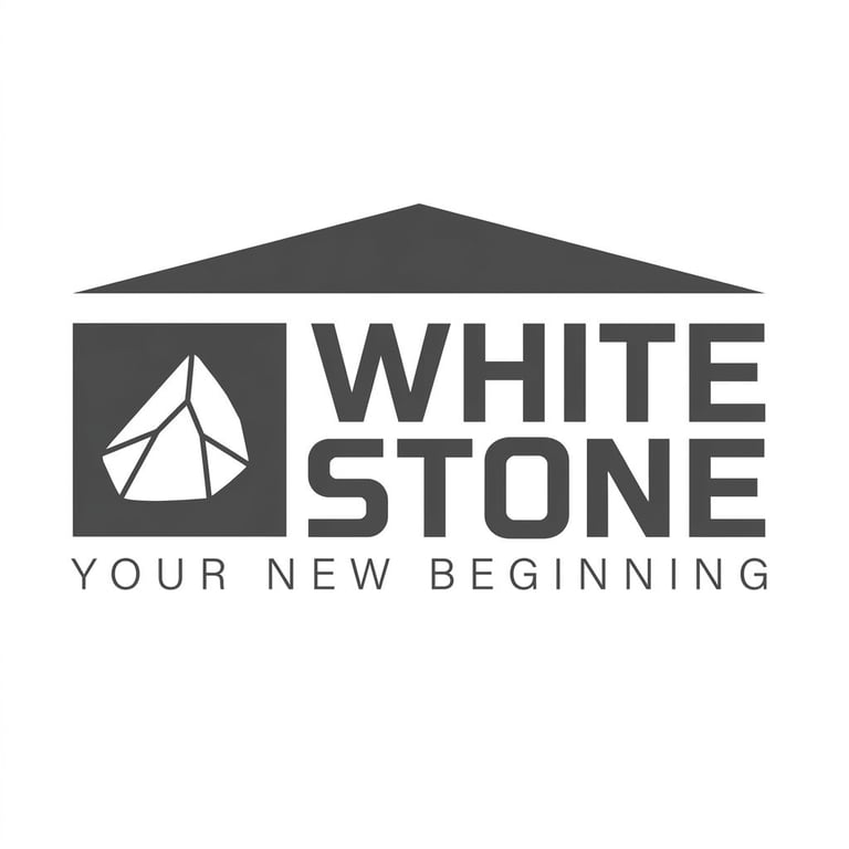 White Stone logo with tent icon and tagline Your New Beginning